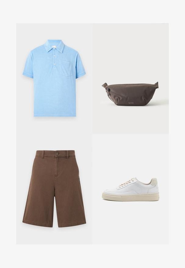 Polo bleu clair à manches courtes avec col, trois boutons et une poche poitrine, présenté sur un fond neutre.; Shorts marron longueur genou avec fermeture à bouton et fermeture éclair, passants de ceinture, et ourlet droit, présentés sur un fond uni.; Sneaker blanche avec un dessus en cuir lisse, des lacets beige et un onglet de talon en daim beige texturé. Semelle surélevée pour une hauteur supplémentaire.; Sac banane en tissu marron foncé avec poche zippée en diagonale et petit logo blanc sur le devant, sur un fond clair uni.