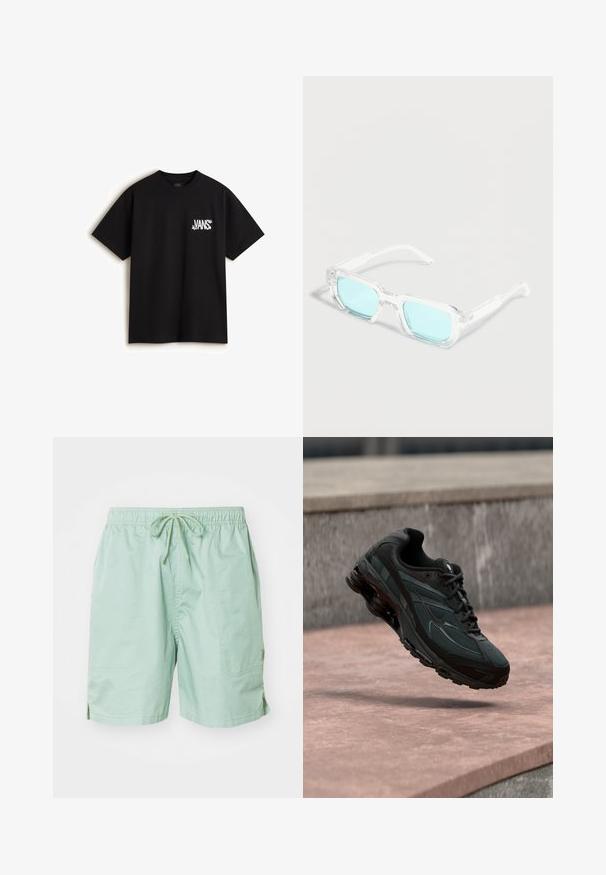 Vans CHAOS - T-shirts print - black; Lysgrønne svømshorts lavet af glat stof, med elastisk talje og snøre, sidelommer og kort længde.; Sort atletisk sneaker med synligt luftdæmpende mellemsål, der svæver over en pink stenoverflade med en grå stenvæg i baggrunden.; Klar rektangulær brille med tykke gennemsigtige stel og lyseblåtonede linser, hvilende på en hvid overflade.