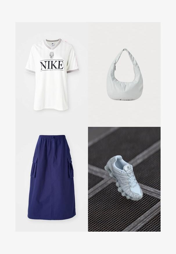 Hvid Nike t-shirt med korte ærmer, der har lodrette striber, en grå krave og et fremtrædende sort logo med teksten "Since 1972".; Marineblå, mellemlang nederdel med elastisk talje, der har to sidelommer og et minimalistisk logodesign. Glat stofstruktur.; Lyseblå træningssko med en tekstureret overdel, der har en rund sål med cylindriske elementer og et fremtrædende logo på tungen.; Blød, lys grå hobo-taske lavet af syntetisk materiale. Har et enkelt polstret håndtag og en lynlåslomme på siden.