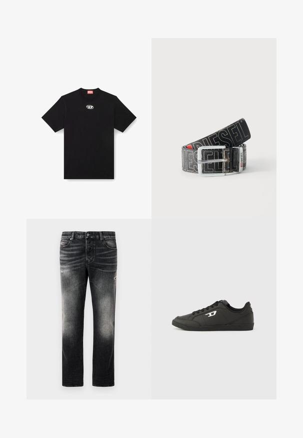 Zwarte katoenen t-shirt met een ronde halslijn en korte mouwen. Heeft een klein, zilver logo geborduurd in het midden van de voorkant.; Zwarte jeans met een vervaagde afwerking en versleten accenten, standaard vijf-pocket ontwerp en een ritssluiting. Gemaakt van denimstof.; Zwarte sneakers van synthetisch materiaal met een geribbelde zwarte zool, ronde neus en vlakke zwarte veters. Opvallend wit logomerk aan de buitenzijde.; Zwarte Diesel-riem met grote witte logotekst, rechthoekige zilveren gesp en merkmetal lusdetail, opgerold op een lichte achtergrond.