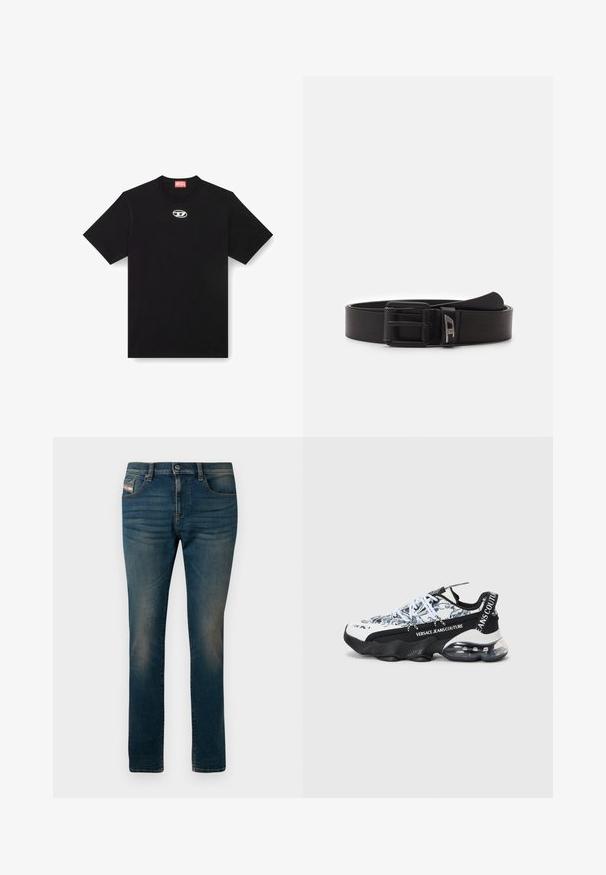 Zwarte katoenen t-shirt met een ronde halslijn en korte mouwen. Heeft een klein, zilver logo geborduurd in het midden van de voorkant.; Donkerblauwe spijkerbroek van denim, met vijf zakken, een knoopsluiting en een lichte vervaging langs de dijen voor een versleten look.; Sportieve sneakers met een wit en zwart gemarmerd patroon, voorzien van een gepolsterde zool, vetersluiting en branding op de zijkant en hiel.; Diesel DAVE - Riem - t8013