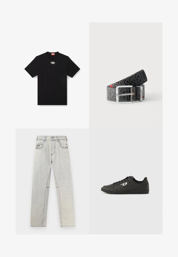 T-shirt en coton noir avec un col rond et des manches courtes. Présente un petit logo en argent brodé au centre avant.; Jean en denim bleu clair coupe droite, avec des coutures contrastées, deux poches avant et des détails usés sur le tissu.; Baskets synthétiques noires avec une semelle noire texturée, un bout rond et des lacets plats noirs. Logo blanc remarquablement placé sur le côté extérieur.; Ceinture noire Diesel avec grand texte logo blanc, boucle rectangulaire en argent, et détail de boucle métallique brandée, enroulée sur un fond clair.