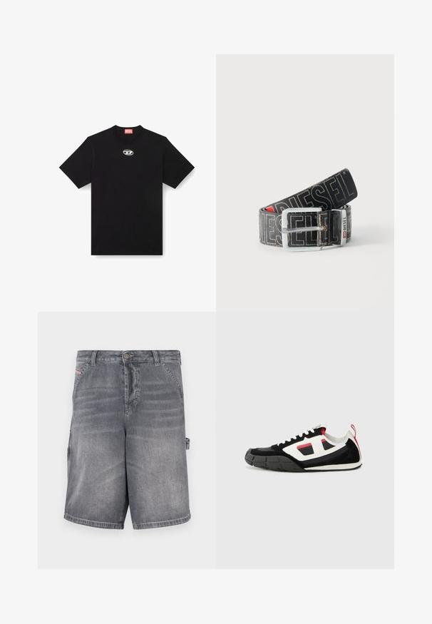 T-shirt en coton noir avec un col rond et des manches courtes. Présente un petit logo en argent brodé au centre avant.; Shorts en denim gris à coupe droite, cinq poches et détails cousus. Dotés d'une fermeture à bouton et d'une boucle latérale pour ajustement.; Diesel S PAGODHA LOW - Baskets basses - black; Ceinture noire Diesel avec grand texte logo blanc, boucle rectangulaire en argent, et détail de boucle métallique brandée, enroulée sur un fond clair.
