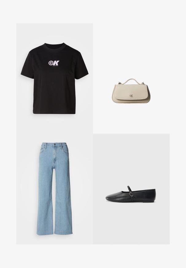 T-shirt en coton noir avec encolure ronde et manches courtes. Présente un logo "CK" blanc et rose sur le coin supérieur gauche de la poitrine.; Jeans en denim bleu clair à jambes larges, avec une taille cintrée, un design à cinq poches et des détails de couture subtils.; Ballerines noires en cuir avec un bout pointu, une semelle plate et une petite sangle avec un détail de boucle en argent.; Petit sac à main en cuir beige avec poignée supérieure et logo CK argenté sur le rabat avant, présenté sur fond blanc.