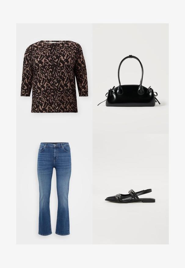 Blusa negra y beige con un patrón, mangas tres cuartos, escote redondo y un ajuste holgado. La tela tiene un aspecto suave y texturizado.; ONLY Carmakoma Straight fit CARWILLY Mid waist - Vaqueros rectos - dark blue denim; Even&Odd Bailarinas con tira trasera - black; Pequeño bolso negro brillante con dos asas largas y detalles de cordón lateral sobre un fondo claro liso.