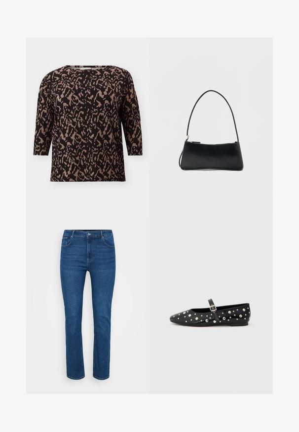 Blusa negra y beige con un patrón, mangas tres cuartos, escote redondo y un ajuste holgado. La tela tiene un aspecto suave y texturizado.; Vaqueros de mezclilla azul con un diseño de pierna recta, que presentan costuras en contraste, estilo de cinco bolsillos y un cierre de botón metálico a la altura de la cintura.; Zapatos de ballet de piel negra con punta afilada, adornados con tachuelas plateadas y una correa con hebilla lateral. Superficie texturizada con suela plana.; Bolso rectangular negro con una correa fina y cierre de cremallera, sobre un fondo blanco liso.