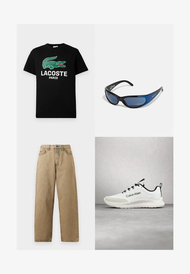 Čierne bavlnené tričko s logom zeleného krokodíla a bielym textom "LACOSTE PARIS". Krátke rukávy a klasický okrúhly výstrih.; Džíny zo svetlej denimovej tkaniny so strihaním rovného nohavice, s predným zipsom, pútkami na opasok a kontrastným šitím. Nemajú žiadne výrazné vzory ani hardvérové detaily.; Biely a čierny teniska Calvin Klein s čiernymi šnúrkami visieť nad sivou podlahou blízko okien zo sklenených blokov.; Slnečné okuliare s čiernym plastovým rámom a modrými akcentmi, okolo hlavy, s tmavými sklíčkami, s textúrovanými ramenami a detailom loga.