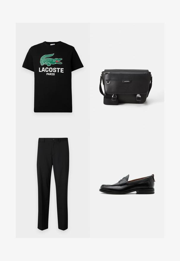 Čierne bavlnené tričko s logom zeleného krokodíla a bielym textom "LACOSTE PARIS". Krátke rukávy a klasický okrúhly výstrih.; Čierne elegantné nohavice s hladkým predným dielom, štandardným pásom a priamymi nohavicami. Vyrobené z hladkej tkaniny, s jedným gombíkom na zapínanie.; Čierny kožený pánsky mokasín s prešitím moc toe, penny remienkom, textúrovaným golierom a nízkym vrstveným podpätkom na bielom pozadí.; Čierna textúrovaná messenger taška Lacoste s nastaviteľným popruhom, prednou chlopňou, zipsovou kapsou a kovovými prackami.