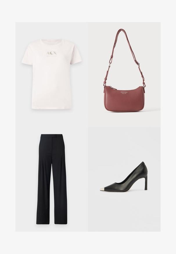 T-shirt en coton rose clair à manches courtes, col rond, ornée d'un logo métallisé argent "ACX ARMANI EXCHANGE" sur le devant.; Pantalons larges noirs avec un devant plat, des plis et une taille ajustée. Fabriqués en tissu lisse et léger.; Chaussure à talon haut en cuir noir avec bout pointu et capuchon argenté métallique. Présente une finition lisse et un talon fin de 10 cm.; Petit sac à bandoulière en cuir mauve texturé avec sangle réglable et fermeture éclair argentée, arborant le logo Emporio Armani Milano 1981 sur le devant.