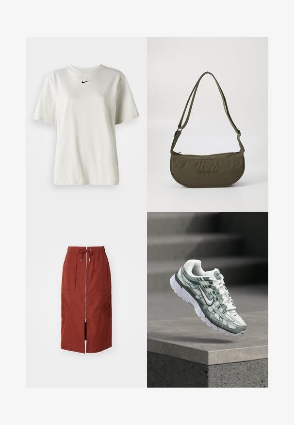 Camiseta de algodón blanca con cuello redondo y mangas cortas. Presenta un pequeño logotipo negro de Nike en el pecho. Diseño sencillo y sin adornos.; Falda de longitud media en rojo terracota, con cremallera frontal, cinturilla elástica con cordón ajustable y bolsillos laterales con un diseño geométrico.; Zapatilla de correr Nike blanca y gris con suela acolchada, flotando sobre un saliente de hormigón contra un fondo gris desenfocado.; Bolso de hombro de color verde oliva con forma curva, hecho de tejido suave, que cuenta con una cremallera superior, correas ajustables y detalle de logo en relieve.