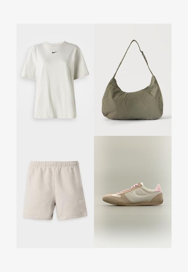 Weißes Baumwoll-T-Shirt mit rundem Halsausschnitt und kurzen Ärmeln. Verfügt über ein kleines schwarzes Nike-Logo auf der Brust. Einfaches und ungeschmücktes Design.; Hellbeige Sportshorts mit elastischem Bund und kleinem weißem Nike-Swoosh-Logo am unteren rechten Bein.; Niedrig geschnittener beige-weißer Sneaker mit pinken Schnürsenkeln und Fersen-Akzent, zeigt das Nike-Logo an der Seite vor einem einfarbigen Hintergrund.; Olivgrüne weiche Stoff-Schultertasche mit Reißverschluss und verstellbarem Tragegurt vor einfarbig hellem Hintergrund.