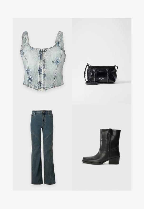 Vaaleansininen denim-croptop, jossa on neliönmuotoinen kaula-aukko, paksut hihnat, etuvetoketju ja koristeompeleet ristikkäin.; Sininen farkkukangas, jossa on leveä lahkeiden malli, kaarrellut saumat ja standardi viisi-taskuinen tyyli. Viimeistelemätön helma alareunassa.; Musta nahkasaapas nilkkamittaisella varrella, pyöreällä kärjellä, lohkarekorolla, sivuvetoketjulla ja ompeluaksentilla varren yläosassa. Suora pinta, klassinen muotoilu.; Mustekki musta keinonahka risti-olkalaukku, jossa on vetoketjulliset taskut, dekoratiivinen hopeinen emblem ja säädettävä hihna. Kiiltävä pinta ja kompakti muoto.