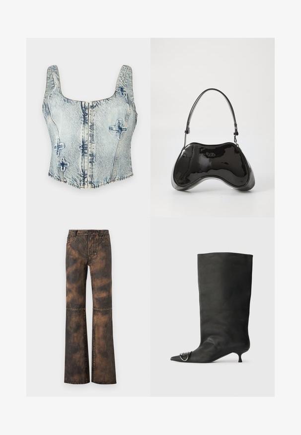 Top en jean court bleu clair avec encolure carrée, bretelles larges, fermeture éclair devant et piqûres décoratives en forme de croix.; Pantalon évasé en denim marron avec une finition délavée et texturée. Il dispose de cinq poches, passants de ceinture et d'une fermeture par bouton. Coutures plates et jambes larges.; Bottines en cuir noir à bout pointu, petite talon et détail métallique sur le bout. Texture lisse et mate partout.; Sac à main en cuir verni noir avec une forme incurvée unique, une anse courte et ajustable, et une fermeture zippée. Texture lisse avec un branding discret.