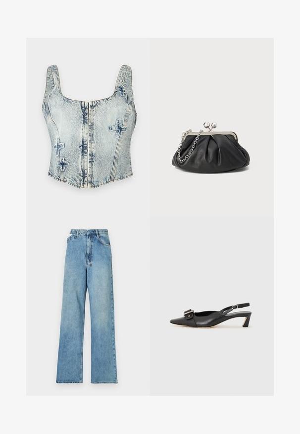 Top en jean court bleu clair avec encolure carrée, bretelles larges, fermeture éclair devant et piqûres décoratives en forme de croix.; Jean large en denim bleu clair avec une taille mi-haute, cinq poches et une fermeture à boutons dotée de quincaillerie en métal et d'une finition délavée.; Chaussure slingback en cuir noir avec un bout pointu, un petit talon et un détail de boucle décoratif sur le dessus. Texture lisse, design minimaliste.; Porte-monnaie en cuir noir avec texture froncée, cadre en métal argenté, fermeture à verrouillage kiss-lock et bandoulière en chaîne. Surface lisse et douce.