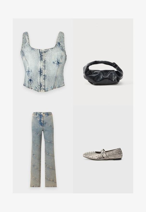 Lichtblauwe denim crop top met vierkante halslijn, dikke schouderbanden, ritssluiting aan de voorkant en decoratieve stiksels in een kruispatroon.; Blauwe spijkerbroek met hoge taille, uitlopende pijpen en diagonaal gestikte naden over de gehele stof.; Grijze vlakke schoenen met ronde neus, versierd met metalen studs, en een zijband met een zilveren buckle detail. Glad textuur.; Zwarte tas van glanzend, textuur materiaal met een ronde, gedraaide handgreep en een ritsluiting. Heeft een zacht, gekreukt ontwerp.