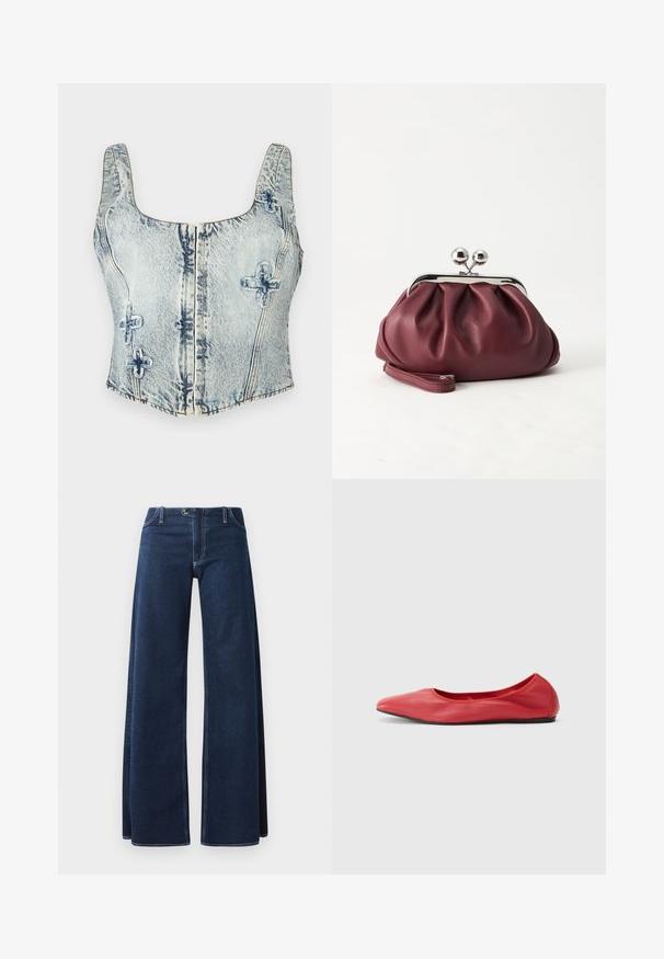 Svetlo modrý denimový crop top so štvorcovým výstrihom, hrubými popruhmi, predným zipsom a dekoratívnym prešívaním v krížovom vzore.; Džínsy s širokými nohavicami v tmavomodrej farbe s viditeľným šitím, prednými vreckami a zapínaním na gombík. Vyrobené z odolnej denimu.; Filippa K REY FLATS - Balerínky - bright red; Malá bordová kožená kabelka so strieborným kovovým zapínaním a remienkom na zápästie na bielom pozadí.