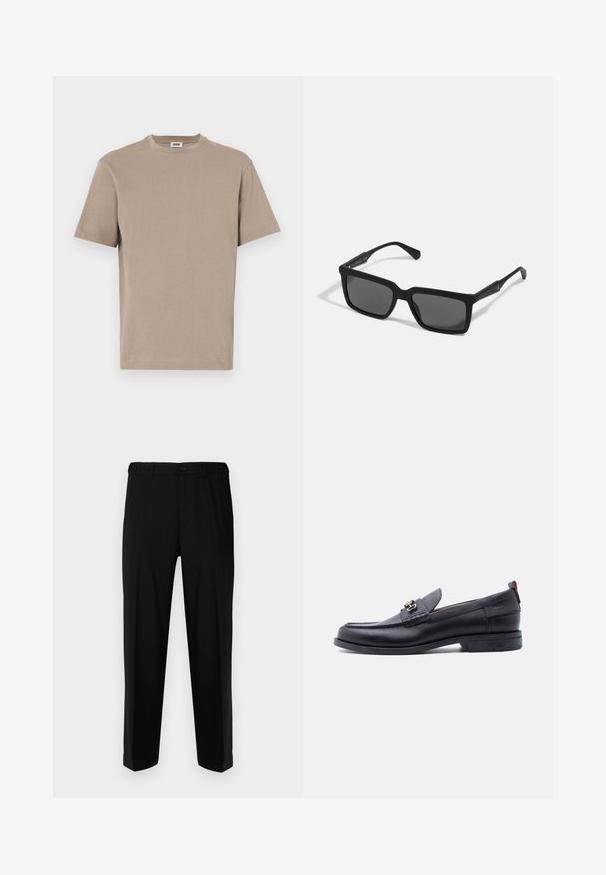 Beige bomulds t-shirt med rund hals, korte ærmer og lige kant. Glat tekstur, minimalistisk design, ingen synlige grafik eller accenter.; Sorte bukser lavet af glat stof, med lige snit, to forlommer og lynlås med knaplukning.; Sort lædermokasin med grå tekstureret forfod, sølvfarvet metalspænde, lav hæl og trækflap bagpå.; Sorte solbriller med rektangulære linser, mat finish, tykke stel og slanke arme med en subtil brandingdetalje.