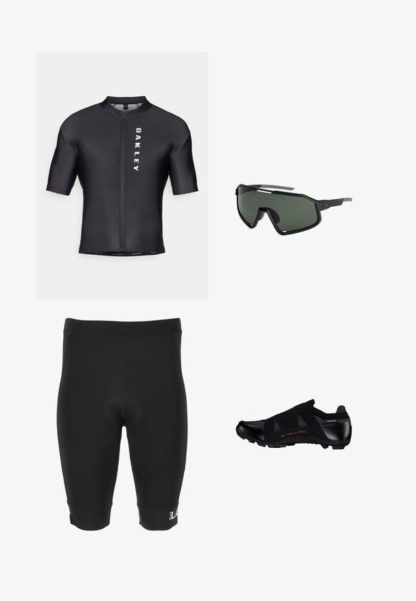 Korte mouwen fietstrui van zwart, glad materiaal. Heeft een ritssluiting aan de voorkant en "OAKLEY" in het wit gedrukt op de linkerkant.; Zwarte fietsbroek van rekbaar materiaal, met een padded inzet, gladde naden en een aansluitend ontwerp met een logo op de zoom.; Zwarte lage sportschoen met elastische bandjes, gestructureerde zool en de tekst "The Science of Thrill" aan de zijkant.; Zwarte sportzonnebril met grote groene lenzen, hoekig ontwerp en een matte afwerking. Heeft een opvallende neusstang en gestructureerde armen.
