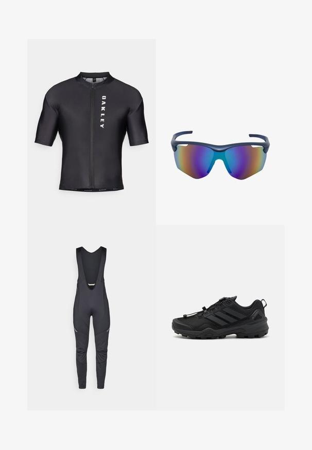 Kurzarm-Radtrikot aus schwarzem, glattem Stoff. Mit einem Reißverschluss an der Vorderseite und "OAKLEY" in Weiß auf der linken Seite bedruckt.; Vaude MENS MATERA WARM - Bib-Tights - black; Schwarzer Sportschuh mit einem strukturierten Mesh-Obermaterial, kontrastierenden synthetischen Akzenten und einer robusten Gummisohle. Verfügt über ein sicheres Schnürsystem und eine hintere Lasche.; Sport-Sonnenbrille mit dunklem Rahmen und großen verspiegelten Gläsern, die Blau-, Violett- und Orangetöne reflektieren.