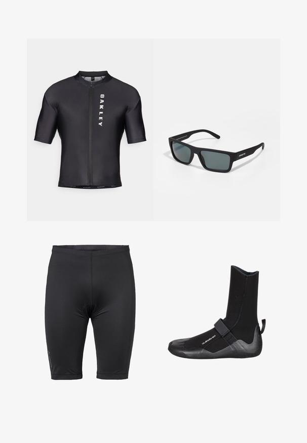 Kurzarm-Radtrikot aus schwarzem, glattem Stoff. Mit einem Reißverschluss an der Vorderseite und "OAKLEY" in Weiß auf der linken Seite bedruckt.; Schwarze Radsportshorts aus dehnbarem Material. Sie haben eine enge Passform, einen elastischen Taillenbund und eine minimale Markenkennzeichnung auf der linken Seite.; Schwarze Neopren-Tauchstiefel mit hohem Schaft, strapazierfähiger Gummisohle, verstellbarem Riemen und einem Fünf-Zehen-Design für besseren Halt.; Schwarze rechteckige Sonnenbrille mit dunklen Gläsern und matter Oberfläche. Mit "ARNETTE"-Markierung an der Seite, geraden Bügeln und einem robusten Design.