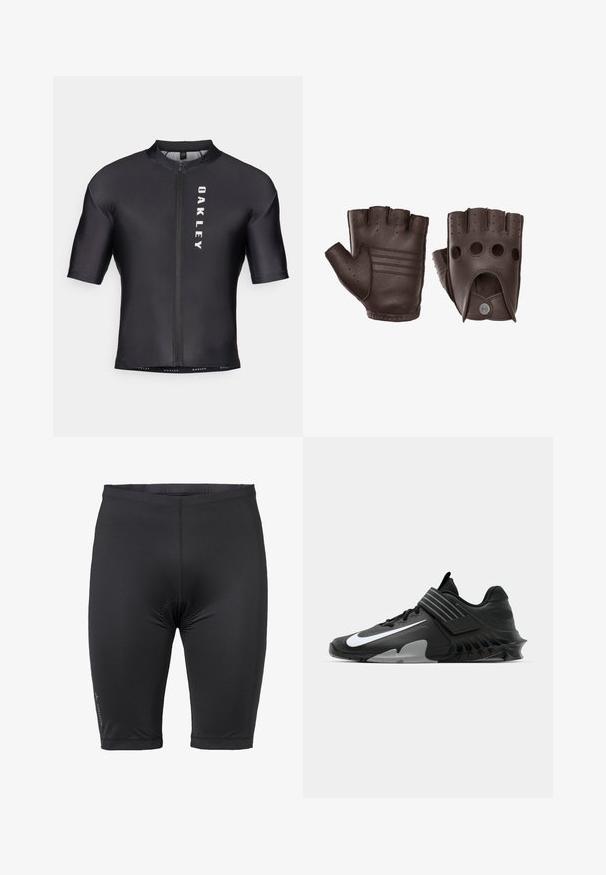 Korte mouwen fietstrui van zwart, glad materiaal. Heeft een ritssluiting aan de voorkant en "OAKLEY" in het wit gedrukt op de linkerkant.; Zwarte fietsshorts gemaakt van rekbaar materiaal. Beschikt over een snug fit, elastische tailleband en minimale branding aan de linkerkant.; Zwarte sportchoenen met een slank ontwerp, voorzien van een opvallend wit Nike-logo, textuur overlays en een onderscheidende gemodelleerde zool.; Bruinen lederen vingerloze handschoenen met drie horizontale strepen, geperforeerde details en een uitsparing bij de pols met een drukknoopsluiting.