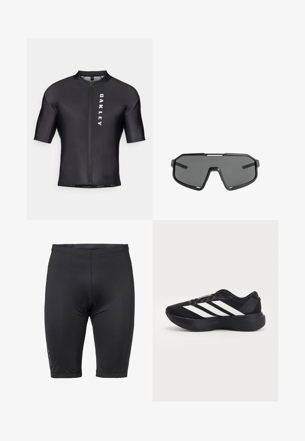 Kurzarm-Radtrikot aus schwarzem, glattem Stoff. Mit einem Reißverschluss an der Vorderseite und "OAKLEY" in Weiß auf der linken Seite bedruckt.; Schwarze Radsportshorts aus dehnbarem Material. Sie haben eine enge Passform, einen elastischen Taillenbund und eine minimale Markenkennzeichnung auf der linken Seite.; Schwarzer Laufschuh mit dicker Sohle und drei weißen diagonalen Streifen an der Seite, von der Außenseite betrachtet.; Sportsonnenbrille mit einem schwarzen Kunststoffrahmen, übergroßen getönten grauen Gläsern, kantigem Design und einem oberen Rahmen für zusätzliche Stabilität.