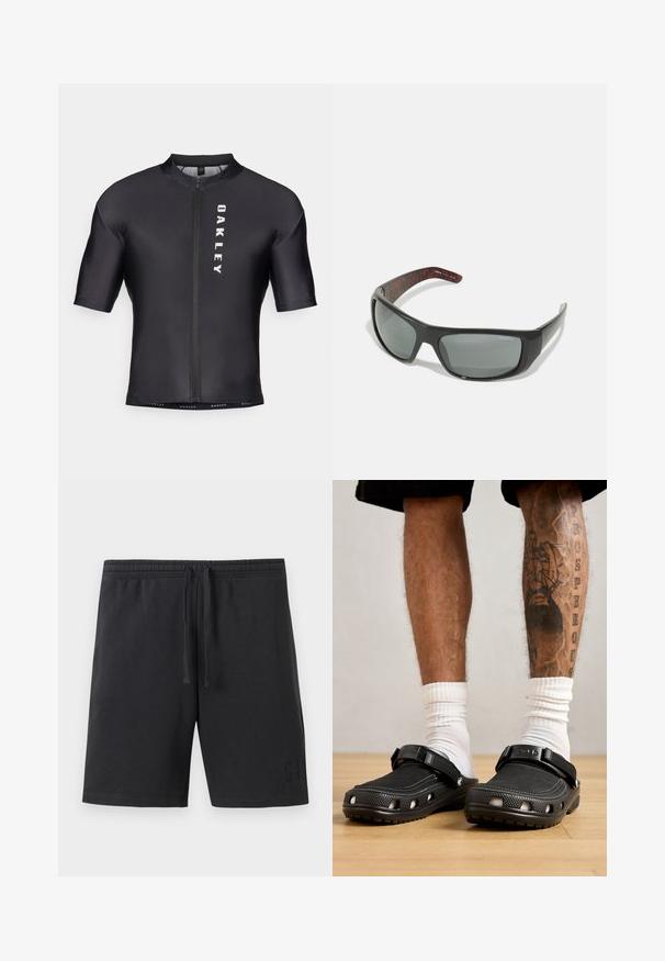 Kurzarm-Radtrikot aus schwarzem, glattem Stoff. Mit einem Reißverschluss an der Vorderseite und "OAKLEY" in Weiß auf der linken Seite bedruckt.; Schwarze Freizeithosen mit elastischem Taillenbund und Kordelzug, mit dezent geprägt eingebettetem Markenlogo am unteren linken Bein.; Schwarze Holzschuhe mit einem strukturierten Obermaterial, verstellbarem Riemen und Belüftungslöchern, kombiniert mit weißen Socken und Shorts bis über die Knie.; Arnette HOT SHOT - Sonnenbrille - dark grey