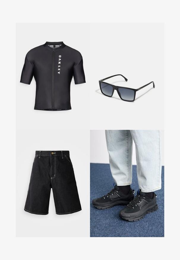 Cykeltrøje med korte ærmer lavet af sort, glat stof. Har en lynlås foran og "OAKLEY" trykt i hvidt på venstre side.; Sorte denimshorts med en løs pasform, fem lommer og kontrastfarvet hvid syning. Knaplukning ved taljen.; Sorte træningssko med tekstureret stof og gummisåler, udstyret med elastiske snørebånd og en blå detalje på hælen. Bæres med lyse denimbukser.; Sorte rektangulære solbriller med gradientlinser fra mørk til lys. Plastikrammer med strømlinet design og minimal hardwaredetalje på siderne.