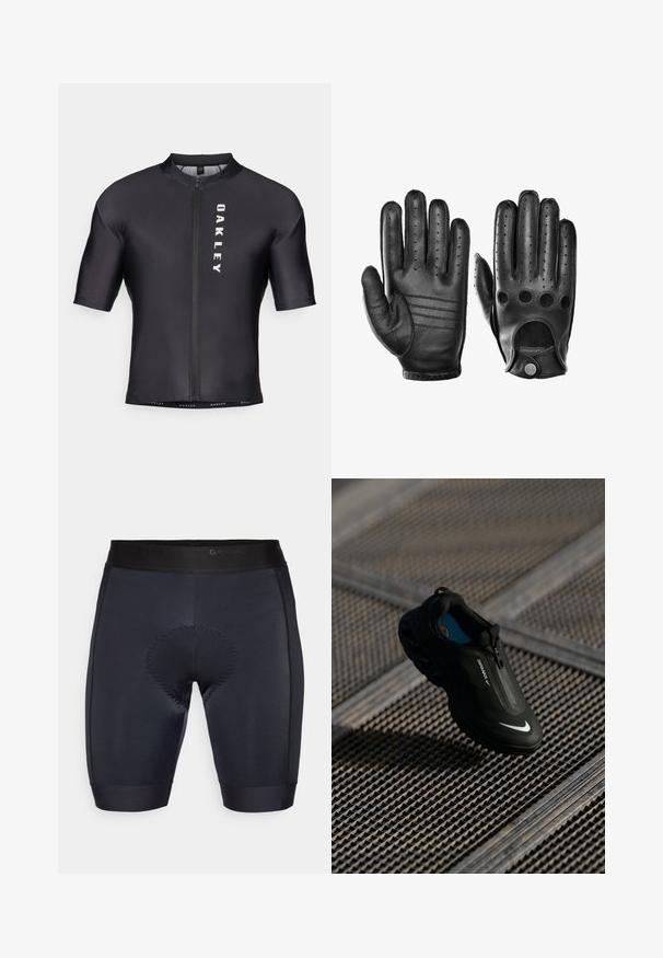 Korte mouwen fietstrui van zwart, glad materiaal. Heeft een ritssluiting aan de voorkant en "OAKLEY" in het wit gedrukt op de linkerkant.; Zwarte fietsshorts met een gladde textuur, voorzien van een gepolsterd gedeelte in het midden en een zwarte elastische tailleband met "GripGrab"-merk.; Zwarte Nike Air Max-schoen met een strak ontwerp, ritssluiting, gestructureerde bovenkant en opvallend wit logo aan de zijkant, geplaatst op een rasterachtergrond.; Zwarte leren handschoenen met geperforeerde vingertoppen, drie horizontale stiksels op de rug en een ronde uitsparing met een zilveren knoopdetail.