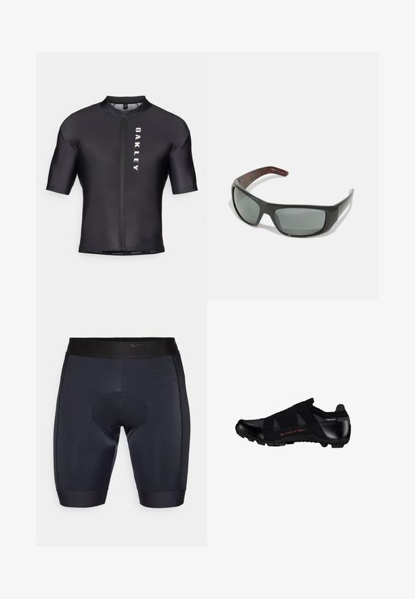 Cykeltrøje med korte ærmer lavet af sort, glat stof. Har en lynlås foran og "OAKLEY" trykt i hvidt på venstre side.; Sorte cykeltights med en glat tekstur, med en polstret sektion i midten og et sort elastisk bælte med "GripGrab" branding.; Sort lavskåret sportssko med elastiske remme, tekstureret sål og tekst "The Science of Thrill" på siden.; Arnette HOT SHOT - Solbriller - dark grey