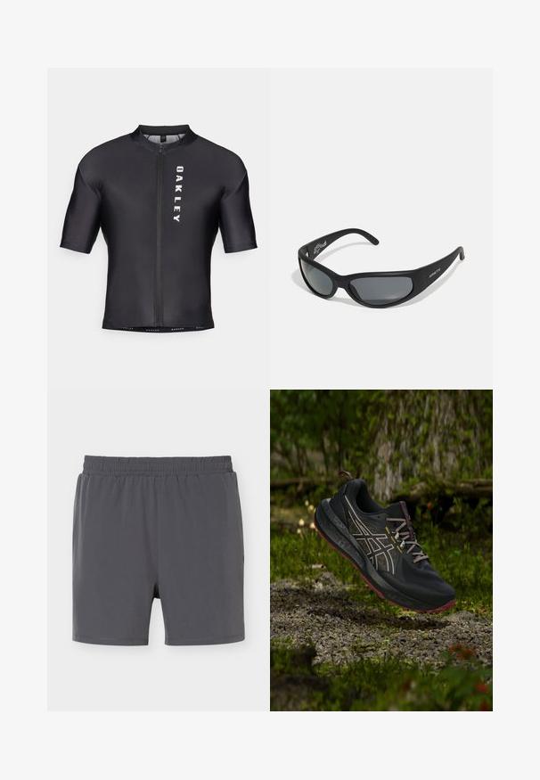Maillot de cyclisme à manches courtes en tissu noir et lisse. Il possède une fermeture éclair à l'avant et le logo "OAKLEY" imprimé en blanc sur le côté gauche.; Short de bain homme gris foncé avec une ceinture élastique et un design simple, présenté à plat sur fond blanc.; Chaussure de trail running noire et bordeaux avec des lacets gris suspendue au-dessus d'un sol forestier rocheux et des plantes vertes mousseuses.; Lunettes de soleil noires avec une monture incurvée et des verres teintés. Présente un fini mat et le nom de la marque "ARNETTE" sur le côté.