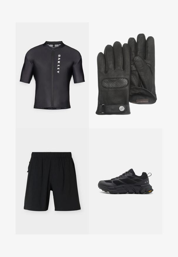 Kurzarm-Radtrikot aus schwarzem, glattem Stoff. Mit einem Reißverschluss an der Vorderseite und "OAKLEY" in Weiß auf der linken Seite bedruckt.; Schwarze kniehohe Shorts mit elastischem Bund und Seitentaschen, dargestellt vor einem schlichten hellen Hintergrund.; Schwarze Sportschuhe mit einer robusten Sohle, Obermaterial aus Mesh und Synthetik, strukturierten Akzenten und Vibram-Branding an der Außensohle.; Paar schwarze Lederhandschuhe mit perforiertem Einsatz auf der Rückseite, verstellbarem Riemen mit Knopf und weichem Innenfutter.