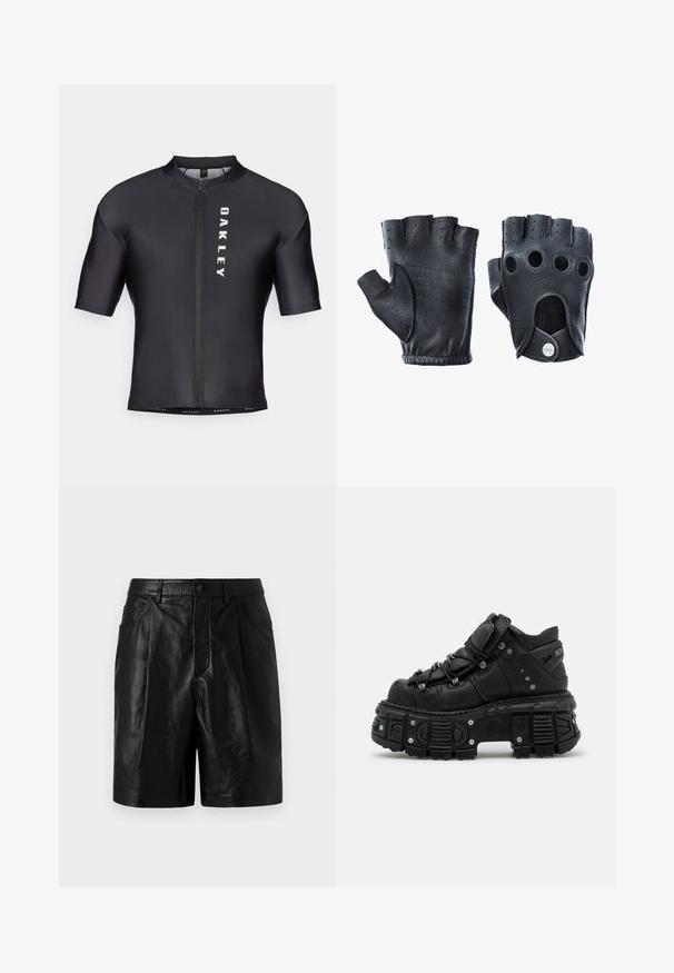 Korte mouwen fietstrui van zwart, glad materiaal. Heeft een ritssluiting aan de voorkant en "OAKLEY" in het wit gedrukt op de linkerkant.; Zwarte leren korte broek met een getailleerd ontwerp, voorzien van twee voorzakken, een knoopsluiting en een gladde, glanzende textuur.; Zwarte leren high-top sneaker met een dikke rubberen zool, vetersluiting, gevoerde schacht en metalen accenten. Beschikt over een profielzool voor grip.; Zwarte leren vingervrije handschoenen met een gestructureerde afwerking. Kenmerken zijn onder andere vier vingeropeningen, versterkte stiksels en een drukknoopsluiting.
