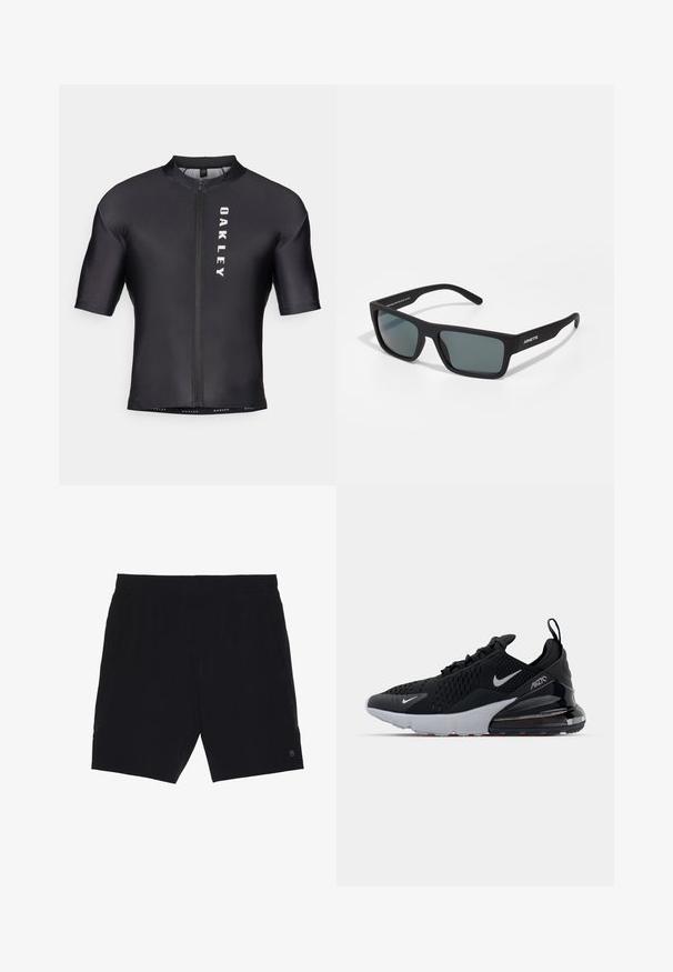 Cykeltrøje med korte ærmer lavet af sort, glat stof. Har en lynlås foran og "OAKLEY" trykt i hvidt på venstre side.; Sorte shorts lavet af letvægtsstof, med elastisk talje, to sidelommer og et lille logo på nederste højre side.; Sort atletiksko med mesh-overdel, hvid sål og synlig luftdæmpning i hælen. Slank design med diskrete sølvdetaljer.; Sorte rektangulære solbriller med mørke linser og mat finish. Features "ARNETTE" branding på siden, lige arme og et robust design.