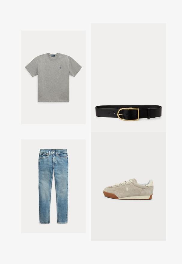 Hellgraues T-Shirt mit kurzen Ärmeln und Rundhalsausschnitt mit kleinem dunkelblau besticktem Polospieler-Logo auf der linken Brust.; Hellblaue Slim-Fit-Jeans mit fünf Taschen und Knopfverschluss, flach auf weißem Hintergrund liegend.; Beiger Wildleder-Sneaker mit weißen Schnürsenkeln, brauner Gummisohle und kleinem gesticktem Logo an der Seite, von der Außenseite betrachtet.; Schwarzer Ledergürtel mit großer goldener rechteckiger Schnalle und mehreren Einstelllöchern, flach auf weißem Hintergrund liegend.