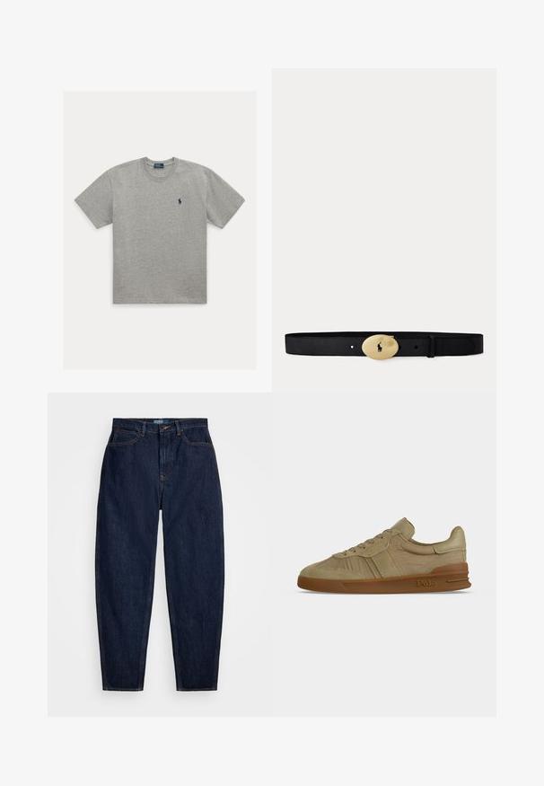 Camiseta gris clara de manga corta con cuello redondo y pequeño logo bordado en azul oscuro de jugador de polo en el pecho izquierdo.; Vaqueros de denim azul oscuro con un corte recto, que presentan costuras naranjas, un cierre frontal con botón y cinco bolsillos.; Zapatilla baja Polo beige con cordones en la parte delantera, parte superior de cuero texturizado y suela de goma marrón con el logo de Polo en el lateral.; Cinturón de cuero negro con hebilla ovalada dorada brillante con un pequeño logotipo grabado de un jugador de polo en el centro.
