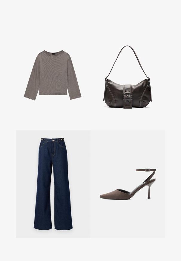 Top gris de manga larga hecho de una tela ligera con un corte holgado, que presenta un escote redondo y acentos de dobladillo deshilachado.; Los pantalones vaqueros de pierna ancha de denim azul oscuro cuentan con una cintura alta, acentos de cadena dorada en la pretina y detalles de costura en contraste a lo largo de la prenda.; Zapato de tacón alto de ante marrón con punta afilada, correa fina en el tobillo y hebilla plateada sobre fondo blanco.; Bolso de hombro de cuero marrón con forma curva, que presenta un prominente detalle de hebilla, costuras en contraste y una sola correa para el hombro.