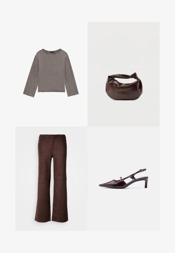 Un haut gris à manches longues en tissu léger avec une coupe décontractée, présentant un col rond et des accents à ourlet brut.; Pantalons évasés marron en tissu doux semblable à du daim. Comprend quatre poches, une fermeture à bouton et une surface lisse et texturée.; Chaussure slingback en cuir verni bordeaux avec bout pointu, talon bas et double bride à boucle réglable.; Sac bandoulière en cuir marron foncé avec une forme souple et décontractée et une anse nouée torsadée sur un fond blanc uni.