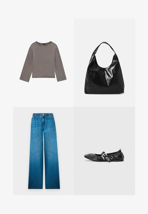 Grå langærmet top lavet af letvægtsstof med en løs pasform, der har en rund halsudskæring og rå kantdetaljer.; Bredbåndede jeans i lys blå denim, med en elastisk talje, en knaplukning og et lige snitdesign med en falmet effekt.; Sorte læder flade sko med spids tå, samling detaljer omkring åbningen, og en sølv spænde accent på den justerbare rem.; Sort læder hobo taske med en blød, skinnende tekstur og en rund, åben top. Har en bred, buet strop til bæring. Ingen synlig hardware.