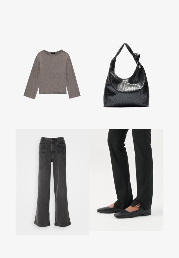 Un haut gris à manches longues en tissu léger avec une coupe décontractée, présentant un col rond et des accents à ourlet brut.; Jean noir taille haute à jambes larges en denim, avec une fermeture à bouton, des passants de ceinture et deux poches arrière avec des accents cousus.; Jambes vêtues d’un pantalon slim noir avec des fentes à l’avant de l’ourlet, assorties à des chaussures plates Mary Jane noires avec une petite bride à boucle.; Sac à main en cuir tissé noir au design décontracté, avec une sangle nouée et une petite clou doré décoratif en haut.
