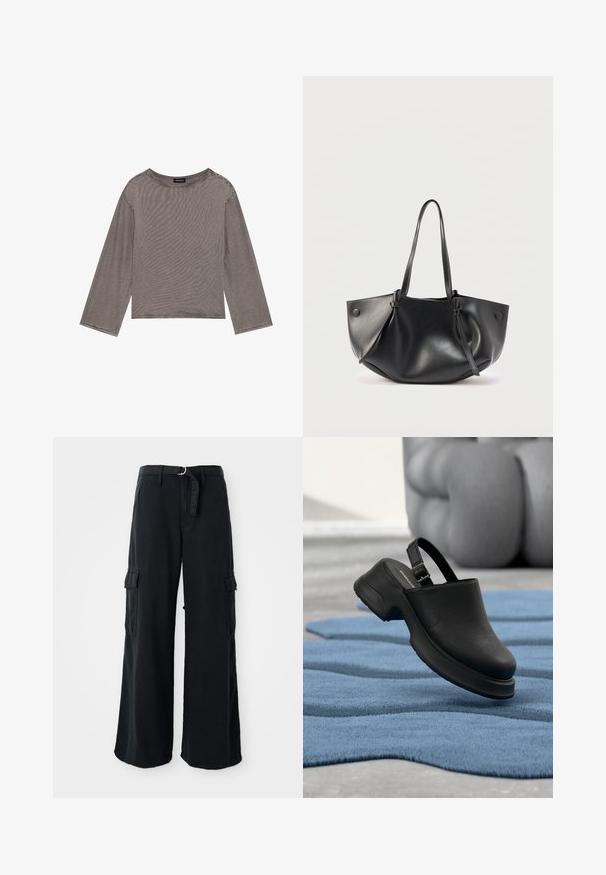 Top gris de manga larga hecho de una tela ligera con un corte holgado, que presenta un escote redondo y acentos de dobladillo deshilachado.; Pantalones cargo anchos negros de algodón con cinturón de lazo, que cuentan con dos bolsillos laterales y una textura de tela suave.; Zueco de cuero negro con correa ajustable mostrado sobre una alfombra azul texturizada en un suelo gris en un entorno interior minimalista.; Bolso de hombro de cuero negro con dos asas largas, una forma suave y redondeada, y detalles de botones en cada lado.