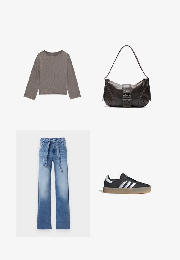 Top gris de manga larga hecho de una tela ligera con un corte holgado, que presenta un escote redondo y acentos de dobladillo deshilachado.; Pantalones de denim azul claro de talle alto con un diseño de pierna ancha, que cuentan con un cinturón de lazo en la cintura y un efecto de lavado desvanecido.; Zapatilla deportiva de cuero negro con tres rayas plateadas, punta texturizada y suela de goma. Cuenta con un collar acolchado y un diseño con cordones.; Bolso de hombro de cuero marrón con forma curva, que presenta un prominente detalle de hebilla, costuras en contraste y una sola correa para el hombro.