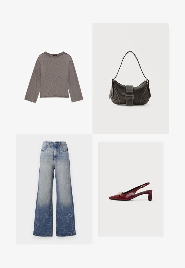Grå langærmet top lavet af letvægtsstof med en løs pasform, der har en rund halsudskæring og rå kantdetaljer.; Store bukser i lyseblå denim med sølvfarvede stjernemønstre. Høj talje med knaplukning og klassisk fem-lomme-design.; Bordeauxrød slingback-sko i laklæder med spids tå, lav blokhæl, guldfarvet nitte-detalje og justerbar rem med spænde.; Sort læder skuldertaske med spænde på remmen, afrundede kanter og kontrasterende hvide syninger på en ensfarvet baggrund.