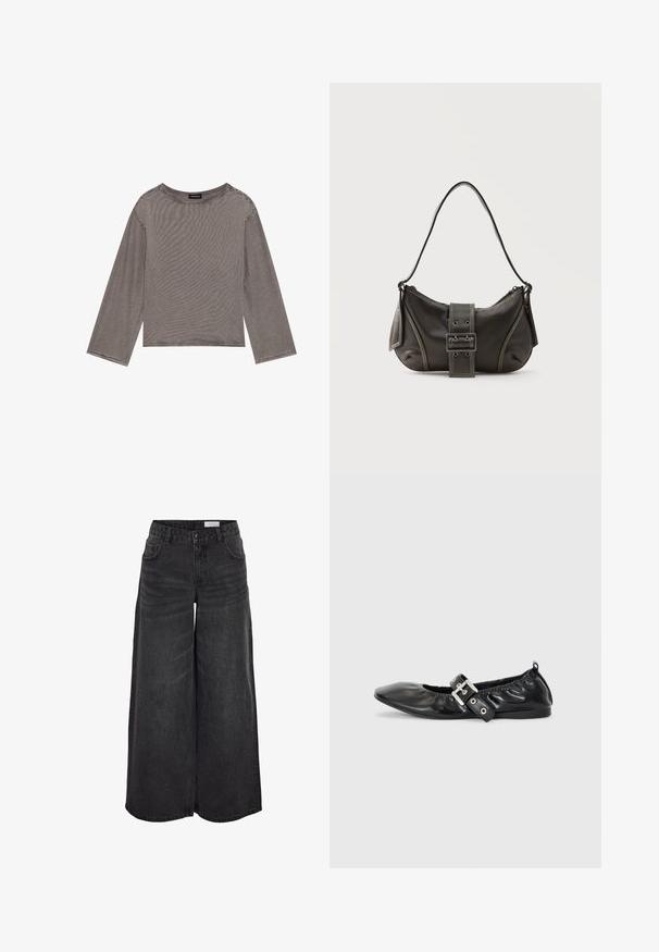 Un haut gris à manches longues en tissu léger avec une coupe décontractée, présentant un col rond et des accents à ourlet brut.; Pantalons en denim noir à jambes larges avec taille haute, poches avant et texture subtile ; conçus pour un ajustement décontracté.; Chaussure plate en cuir noir avec un nez pointu, des détails froncés autour de l'ouverture et un accent en boucle argentée sur la bride ajustable.; Sac à épaule en cuir noir avec une sangle à boucle, des bords arrondis et des coutures blanches contrastées sur un fond uni.