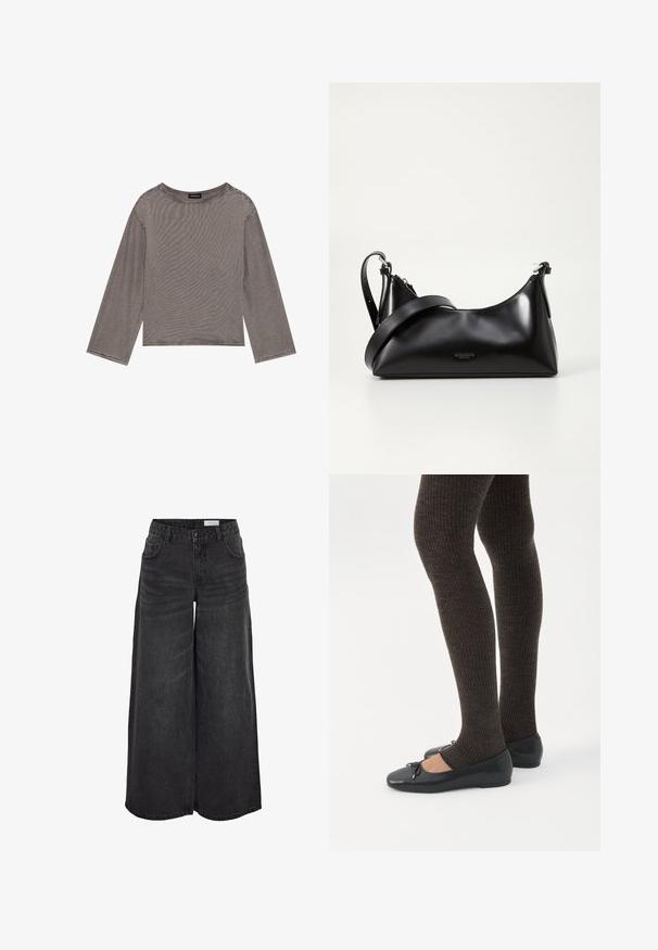 Grå langærmet top lavet af letvægtsstof med en løs pasform, der har en rund halsudskæring og rå kantdetaljer.; Bredde ben sorte denimshorts med høj talje, forlommer og subtil tekstur; designet til en afslappet pasform.; Ben iført mørke ribbede leggings kombineret med sorte balletsko med små sløjfedetaljer på hvid baggrund.; Sort læderhåndtaske med en glat tekstur. Har en justerbar stropp og et enkelt, minimalistisk design med lynlås.