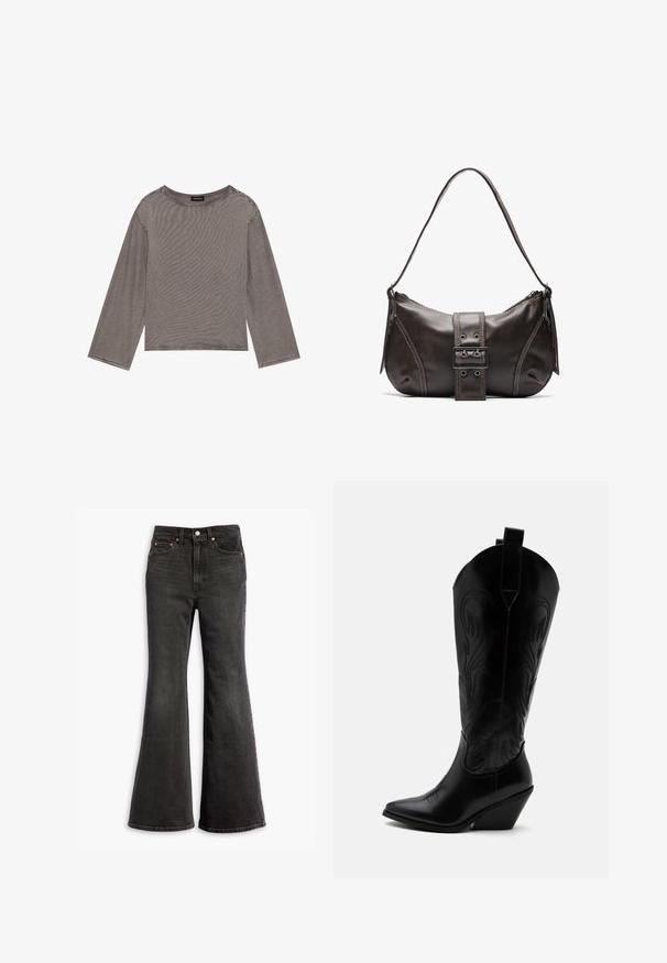 Un haut gris à manches longues en tissu léger avec une coupe décontractée, présentant un col rond et des accents à ourlet brut.; Jean en denim noir taille haute avec une jambe évasée, conception à cinq poches et accents en rivets cuivrés.; Botte de cowboy en cuir noir avec bout pointu, talon bloc incliné, couture décorative et languettes en haut sur fond blanc.; Sac à épaule en cuir marron avec une forme courbée, présentant un détail de boucle proéminent, des coutures contrastantes et une seule bandoulière.