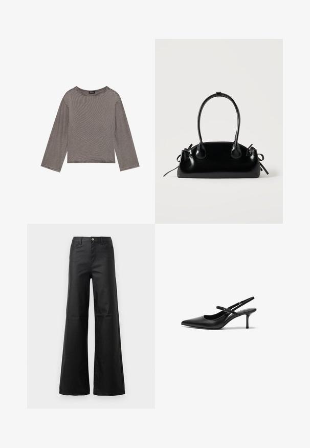 Un haut gris à manches longues en tissu léger avec une coupe décontractée, présentant un col rond et des accents à ourlet brut.; Jean noir à jambe large en denim lisse, avec une fermeture à bouton, des poches avant et une taille haute.; Talons aiguilles noires en cuir avec un bout pointu, une fine bride réglable, et un talon aiguille d'environ 5 cm, texture lisse.; Petit sac à main noir brillant avec deux longues anses et des détails à cordon sur les côtés sur un fond clair uni.