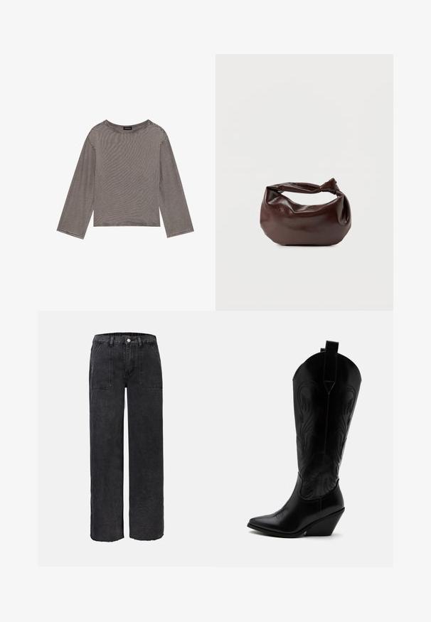 Grå langærmet top lavet af letvægtsstof med en løs pasform, der har en rund halsudskæring og rå kantdetaljer.; Sorte denim vidde-bukser med høj talje, der har forlommer og frynset kant. Stoffet har en mat finish og en diskret struktur.; Sort læder cowboystøvle med spidst tåparti, skråt blokhælhæl, dekorative sømme og trækstropper øverst mod hvid baggrund.; Mørkebrun læder skuldertaske med en blød, afslappet form og et snoet knudehåndtag på en ensartet hvid baggrund.