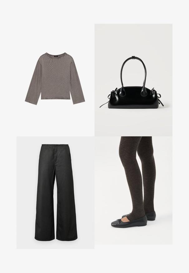 Top gris de manga larga hecho de una tela ligera con un corte holgado, que presenta un escote redondo y acentos de dobladillo deshilachado.; Pantalones de pierna ancha negros con bolsillos frontales y cintura alta, confeccionados con una tela suave, expuestos sobre un fondo claro y liso.; Piernas con leggings oscuros acanalados combinados con bailarinas negras que presentan pequeños detalles de lazo sobre un fondo blanco.; Pequeño bolso negro brillante con dos asas largas y detalles de cordón lateral sobre un fondo claro liso.