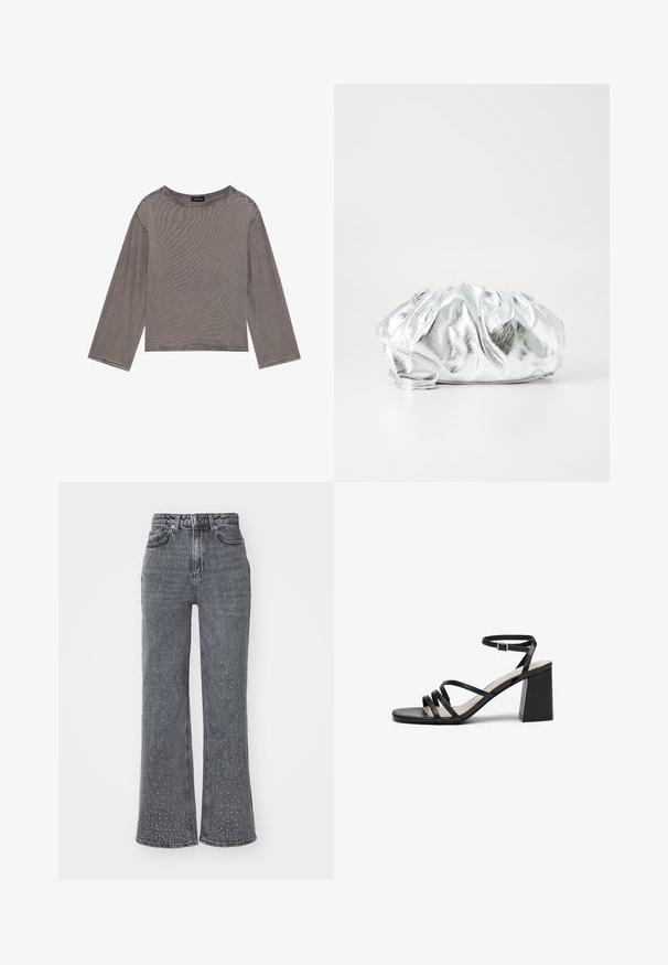 Top gris de manga larga hecho de una tela ligera con un corte holgado, que presenta un escote redondo y acentos de dobladillo deshilachado.; Vaqueros de mezclilla gris acampanados con cintura alta, que presentan un sutil patrón de puntos y un diseño de cinco bolsillos. Textura desgastada cerca del dobladillo.; Sandalias negras de tacón con múltiples tiras finas, punta cuadrada y tacón ancho, con una correa de tobillo ajustable. Textura de cuero suave.; Bolso de mano plateado metálico con un cuerpo suave y fruncido y una correa de hombro delgada. Presenta una textura suave y brillante y una forma redondeada.